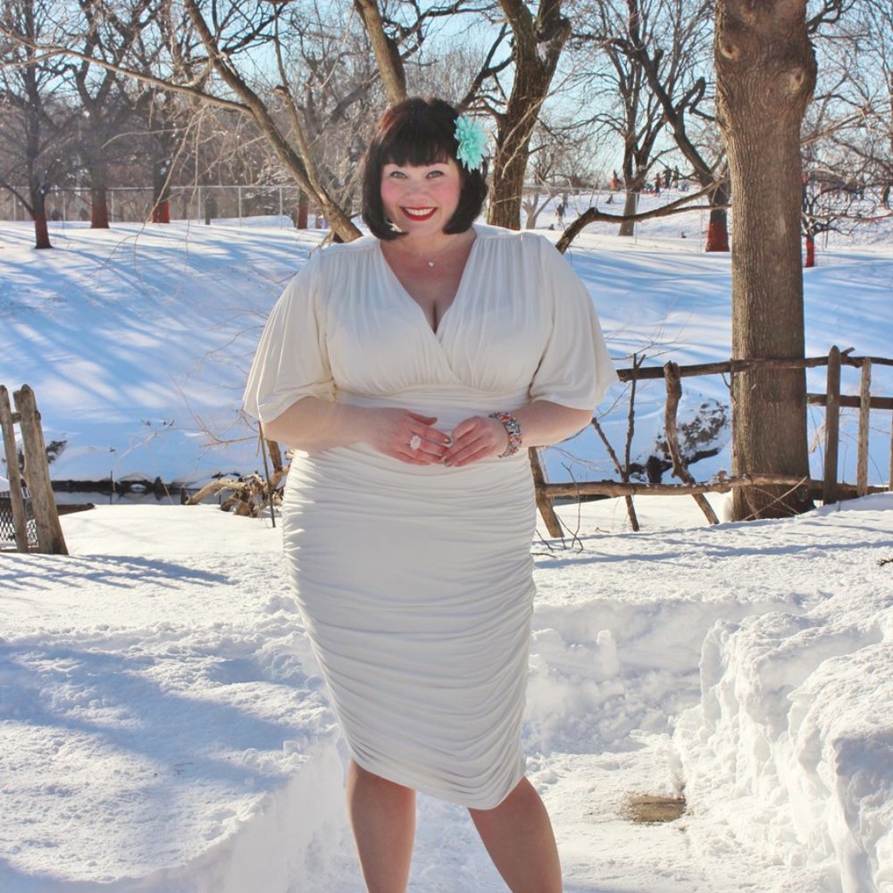 Kiyonna Ivory White Ruched Midi Dress